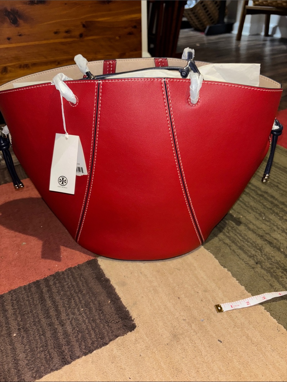 Tory Burch Spaghetti Strap Red Leather Drawstring Tote